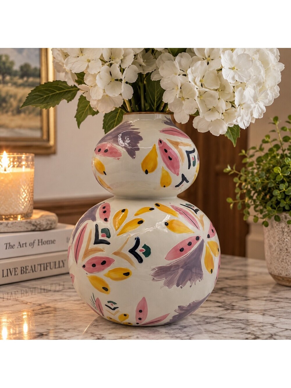 Anthropologie Mathilde Vase White Floral Gilded Stoneware 8" Discontinued